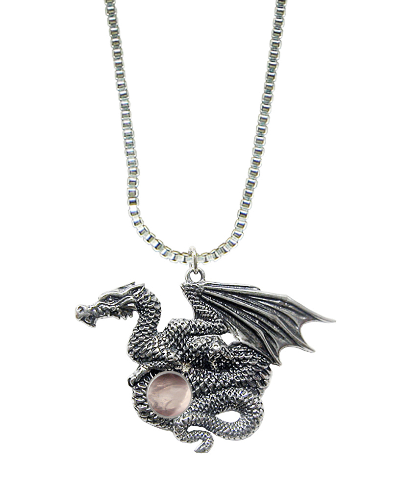 Sterling Silver Dragon of Many Treasures Pendant With Rose